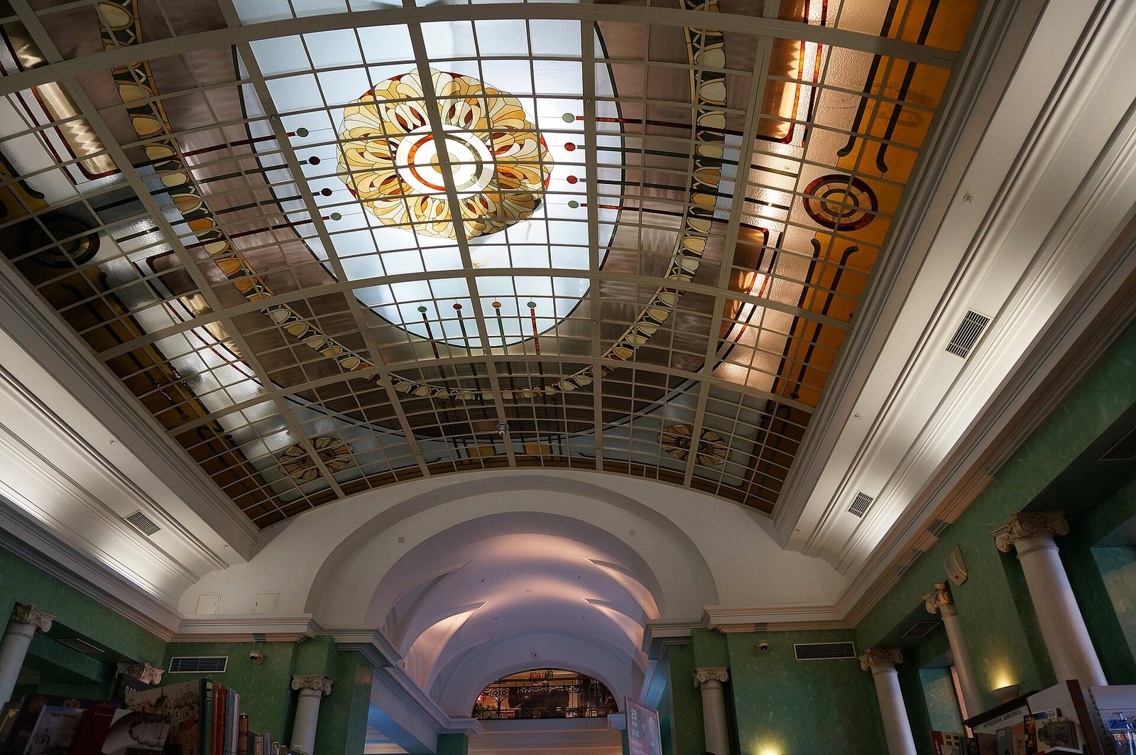 The stained-glass ceiling in a sales hall of the House of Books