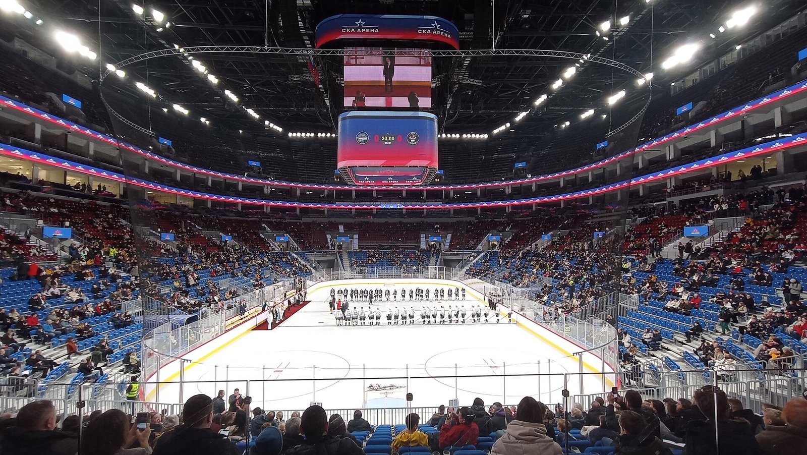 SKA Arena stands and the media cube above the ice before a game