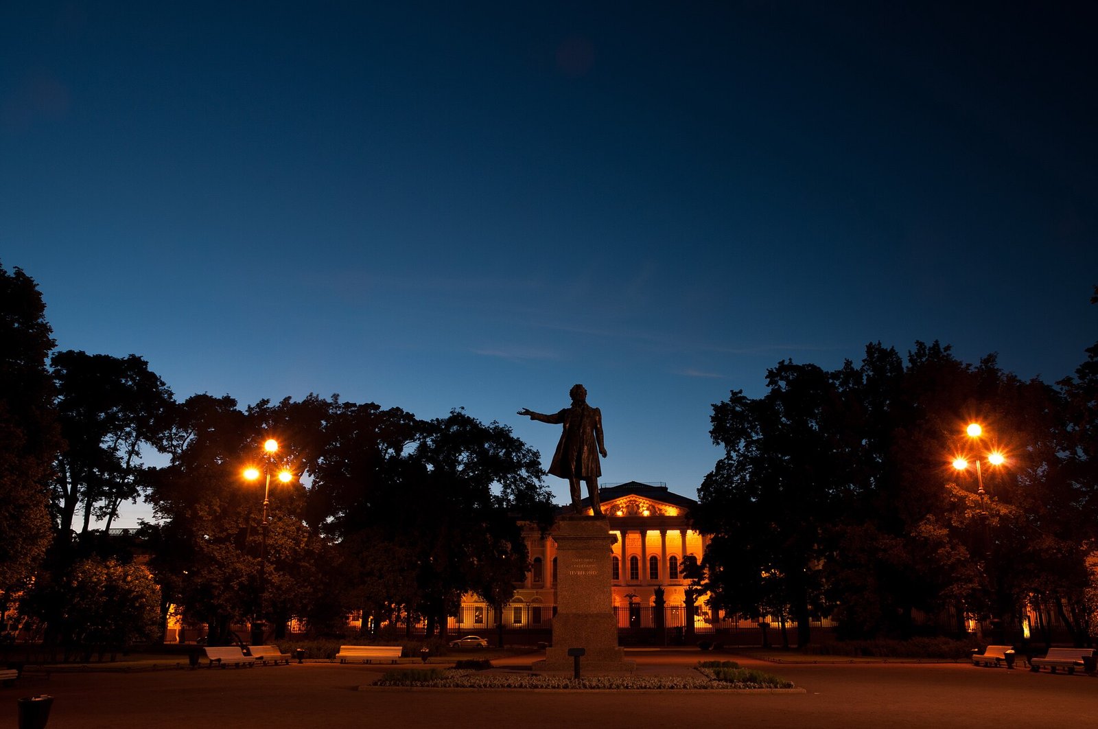 The Pushkin monument on Arts Square in the evening, with the Mikhailovsky Palace behind